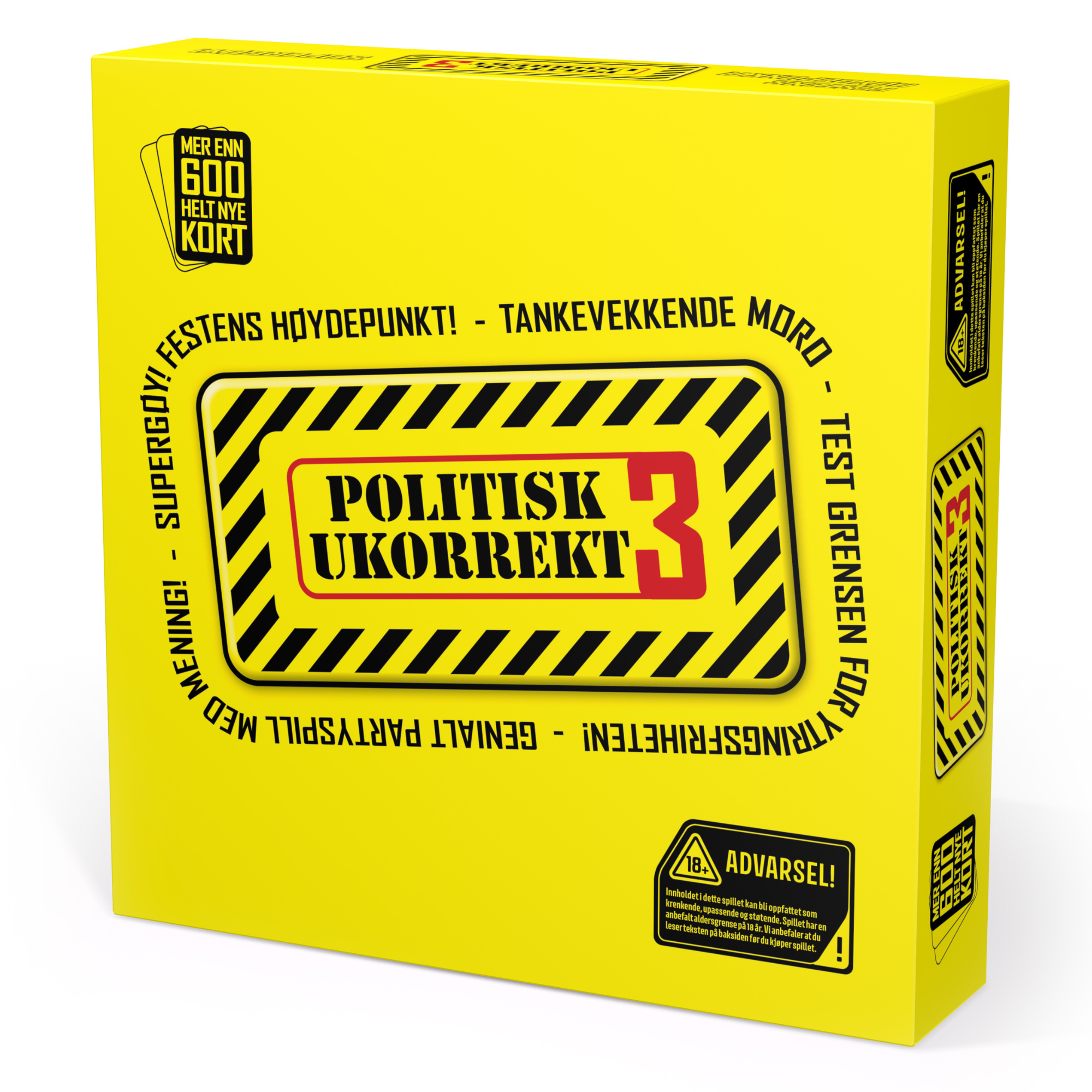 Politisk ukorrekt 3 spillet eske i signalgulfarge og varselplakat 18+